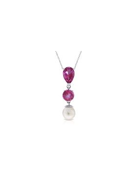 5.25 Carat 14K White Gold Necklace Pink Topaz Pearl