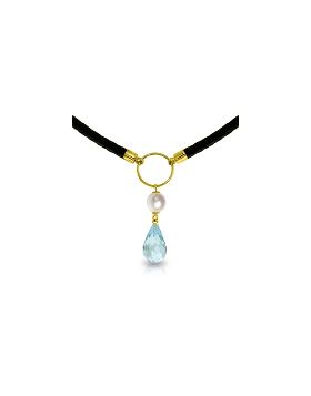 9 Carat 14K Gold Leather Necklace Pearl Blue Topaz