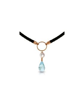 9 Carat 14K Rose Gold Leather Necklace Pearl Blue Topaz