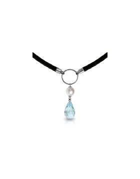 9 Carat 14K White Gold Leather Necklace Pearl Blue Topaz