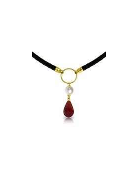 10.8 Carat 14K Gold Leather Necklace Pearl Ruby