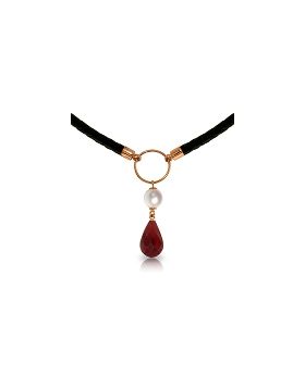 10.8 Carat 14K Rose Gold Leather Necklace Pearl Ruby