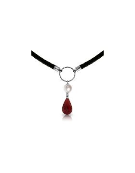 10.8 Carat 14K White Gold Leather Necklace Pearl Ruby