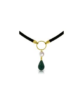 10.8 Carat 14K Gold Leather Necklace Pearl Emerald