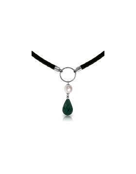 10.8 Carat 14K White Gold Leather Necklace Pearl Emerald