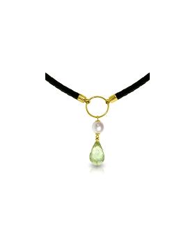 7.5 Carat 14K Gold Leather Necklace Pearl Green Amethyst