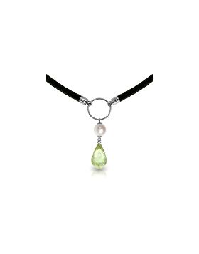 7.5 Carat 14K White Gold Leather Necklace Pearl Green Amethyst