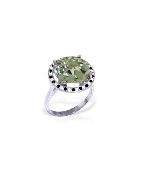 14K White Gold Ring w/ Natural Black / White Diamonds & Green Amethyst