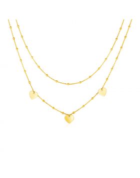 14k Yellow Gold Two Strand Necklace with Beads and Hearts-18''