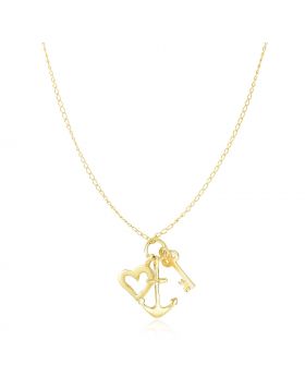 14k Yellow Gold Anchor   Heart   and Skeleton Key Cluster Charm Necklace-18''