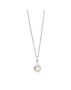 Sterling Silver Leaf Motif Necklace with Freshwater Pearl-18''