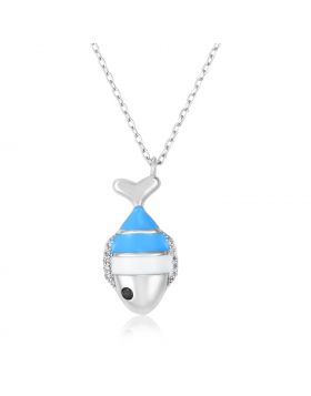 Sterling Silver 18 inch Necklace with Enameled Blue and White Fish-18''
