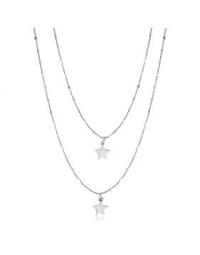 Sterling Silver Two Strand Necklace with Polished Star Pendants-18''