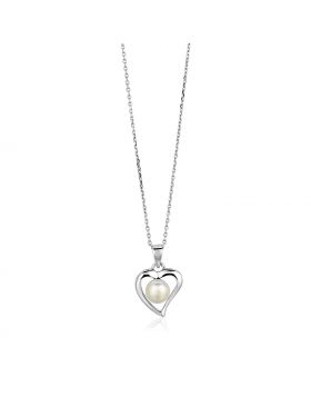 Sterling Silver Open Heart Necklace with Freshwater Pearl-18''
