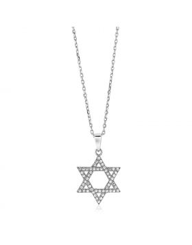 Sterling Silver Star of David Necklace with Cubic Zirconias-18''