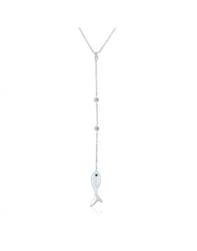 Sterling Silver 18 inch Lariat Necklace with Polished Fish and Cubic Zirconias-18''