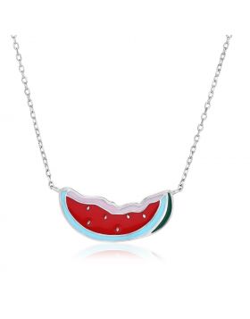 Sterling Silver 18 inch Necklace with Enameled Watermelon Slice-18''