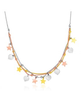 Sterling Silver 18 inch Three Toned Necklace with Polished Hearts and Stars-18''