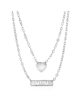 Sterling Silver 18 inch Two Strand Necklace with Heart and Mom Charms-18''