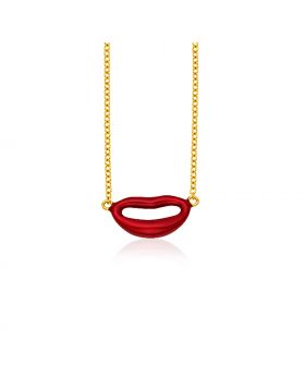 14k Yellow Gold with Enamel Red Lips Necklace-18''