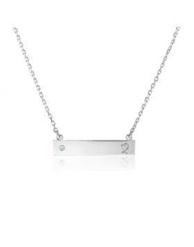 Sterling Silver 18 inch Bar Necklace with Diamond and Engraved Heart-18''