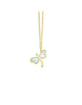 14k Yellow Gold Dragonfly Necklace with White Mother of Pearl-18''