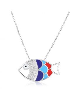 Sterling Silver 18 inch Necklace with Enameled Multicolored Fish-18''
