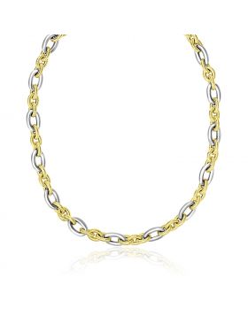 14k Two-Tone Gold Textured and Smooth Oval Chain Necklace-18''