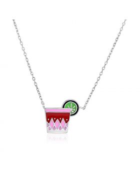 Sterling Silver 18 inch Necklace with Enameled Pink Tropical Drink-18''
