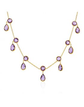 14k Yellow Gold Necklace with Round and Pear-Shaped Amethysts-18''