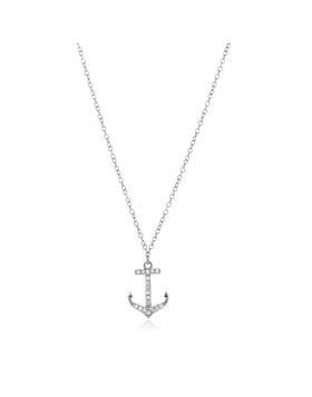 Sterling Silver Anchor Necklace with Cubic Zirconias-18''