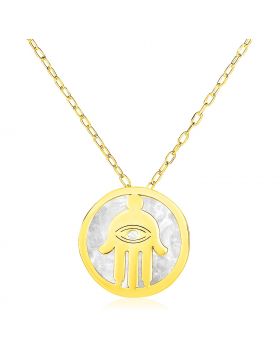 14k Yellow Gold Necklace with Hand of Hamsa Symbol in Mother of Pearl-16''