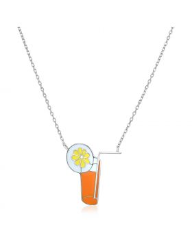 Sterling Silver 18 inch Necklace with Enameled Orange Tropical Drink-18''