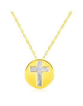 14k Yellow Gold Necklace with Cross Symbol in Mother of Pearl-16''