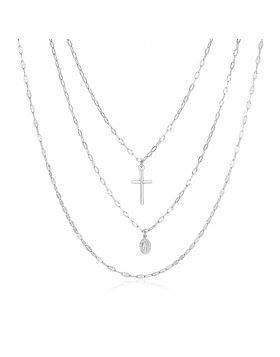 Sterling Silver 18 inch Three Strand Necklace with Cross and Religious Medal-18''