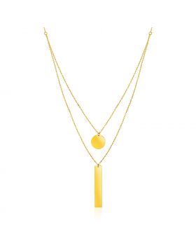 14k Yellow Gold 18 inch Two Strand Necklace with Circle and Bar Pendants-18''