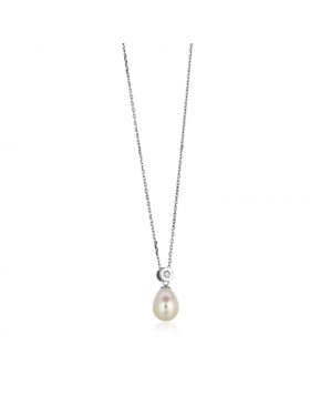 Sterling Silver Necklace with Pear Shaped Pearl and Cubic Zirconias-18''