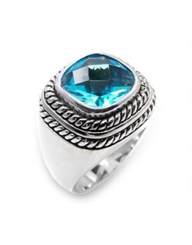 Ring 925 Sterling Silver Rhodium Synthetic Sea Blue Spinel