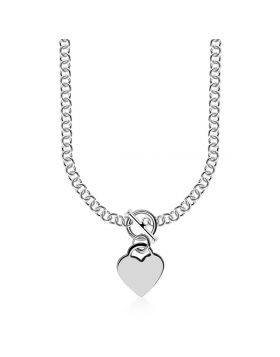 Sterling Silver Rhodium Plated Rolo Chain Necklace with a Heart Toggle Charm