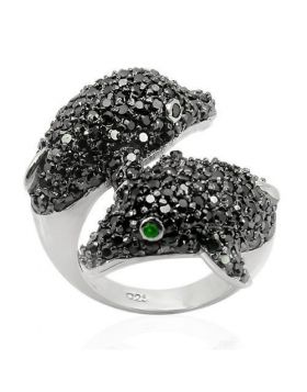LOS195-7 - 925 Sterling Silver Rhodium + Ruthenium Ring Synthetic Emerald