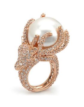 Ring Brass Rose Gold Synthetic White Pearl