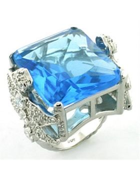 Ring 925 Sterling Silver Rhodium Synthetic Sea Blue Synthetic Glass