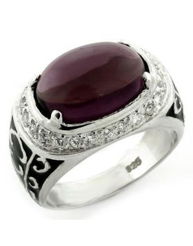Ring 925 Sterling Silver High-Polished Synthetic Amethyst Glass Bead