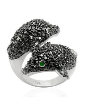 Ring 925 Sterling Silver Rhodium + Ruthenium Synthetic Emerald Synthetic Glass