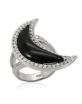 Ring 925 Sterling Silver Rhodium Synthetic Jet Synthetic Glass