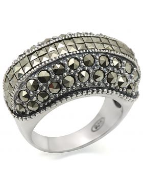 Ring 925 Sterling Silver Antique Tone Synthetic Black Diamond Marcasite