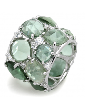 Ring 925 Sterling Silver Rhodium Synthetic Emerald Synthetic Glass