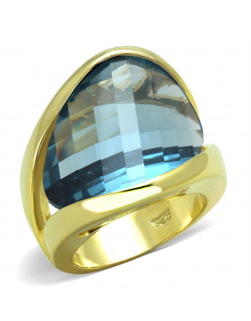 Ring 925 Sterling Silver Gold Synthetic Sea Blue Synthetic Glass