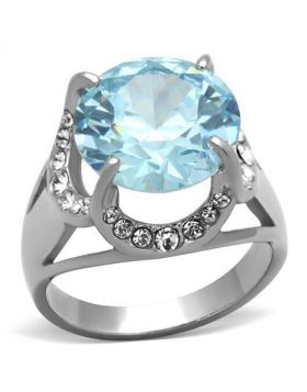 Ring Stainless Steel High polished (no plating) AAA Grade CZ Sea Blue Round