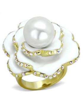 Ring Stainless Steel IP Gold(Ion Plating) Synthetic White Pearl